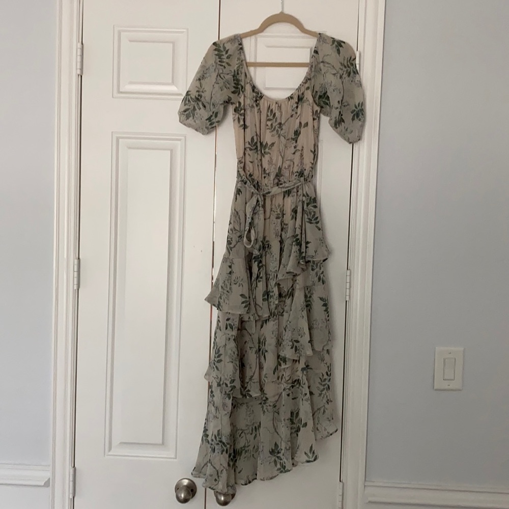 Ruffle green & taupe midi dress